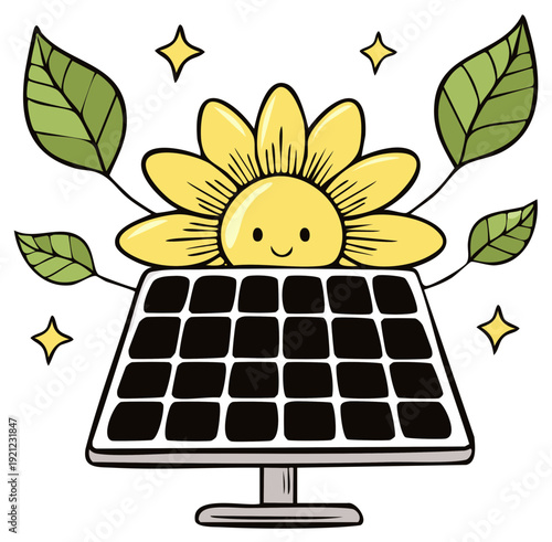 Happy cartoon sunflower with green leaves and a solar panel for clean renewable energy concept