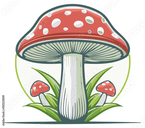 Cartoon-style illustration of red mushrooms with white spots and greenery