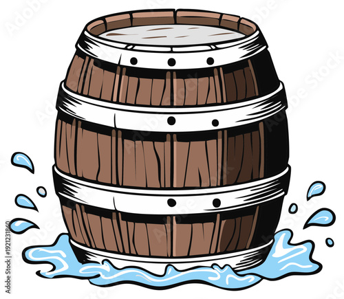 Wooden barrel overflowing with water and splashing liquid