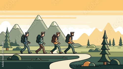 group of male hikers with backpacks trekking a winding mountain path through a forest illustrating outdoor adventure and exploration.