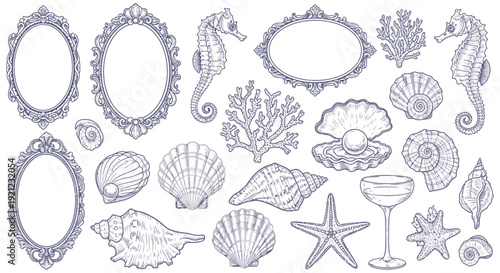 hand drawn vintage marine life and decorative frames including seashells seahorses starfish coral for elegant coastal designs.