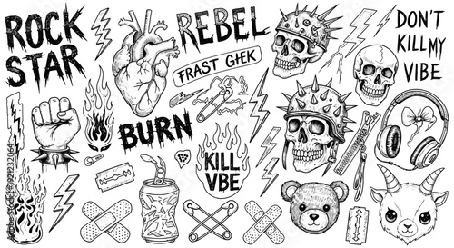 hand-drawn black white punk rock alternative culture graphics skulls hearts flames rebel text edgy designs.