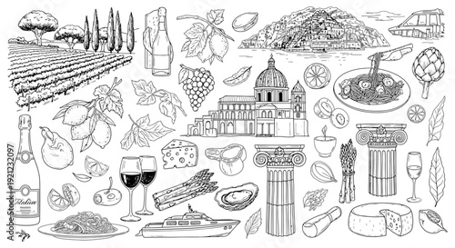 hand-drawn collection of italian food travel and culture featuring mediterranean ingredients and iconic european heritage for design projects.