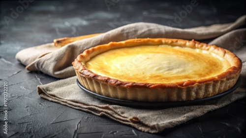 A golden-brown crust cradles a creamy, dreamy custard filling in this delectable baked treat, resting elegantly on a rustic linen cloth.