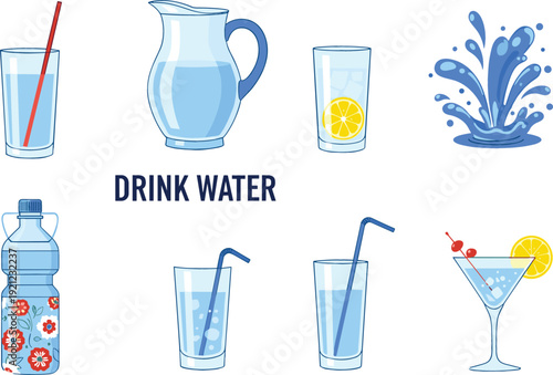 Vector set of drinking water icons including glass with straw pitcher bottle with floral pattern splash and cocktail for healthy hydration.
