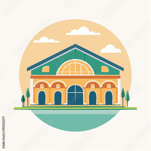 An illustration of a grand building with arches and a large window