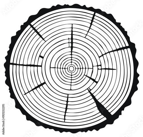 Cross-section of a tree trunk, showing annual growth rings in black and white illustration