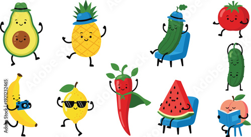 Vector collection of cute cartoon fruit and vegetable characters including avocado pineapple banana and watermelon with funny faces isolated on white background.