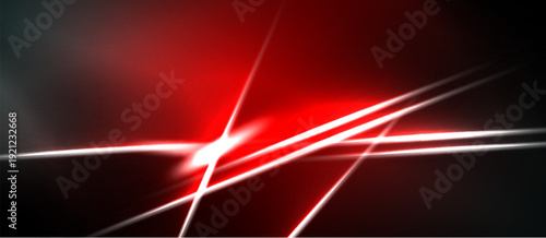 Abstract red background features bright linear light streaks. Dynamic composition creates energy, modern aesthetic. Vivid colors dominate dark space.