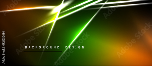 Abstract background features vibrant lines, gradients. Orange, green hues dominate dark space. Modern design element.