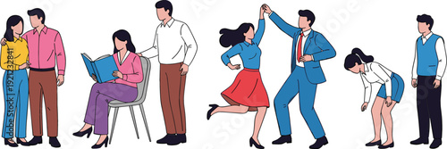 Vector set of flat style people characters engaging in activities like dancing reading books and socializing isolated on white background for lifestyle design.