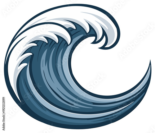 Stylized Illustration of a Powerful Blue Ocean Wave Cresting with White Foam