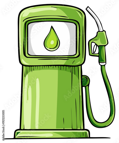 Cartoon illustration of a green fuel pump with fuel drop symbol