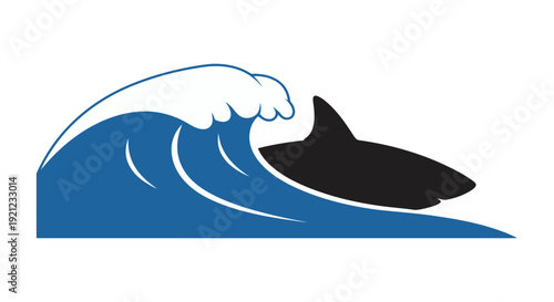 An illustration of a shark breaching the surface of a large ocean wave from a side viewpoint in a marine environment