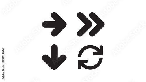 Minimalist black and white navigation arrow icon set featuring a bold right arrow, double chevron, down arrow, and circular refresh sync symbol.