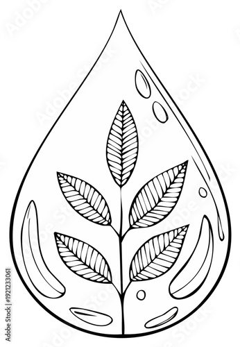 Hand Drawn Illustration of a Leafy Plant Growing Inside a Water Droplet