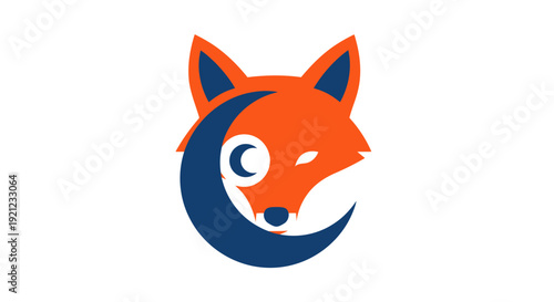 A stylized illustration of a fox's head in orange and blue hues peeking from behind a crescent moon, set against a plain white background, viewed from the side.