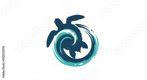 A stylized illustration of a turtle swimming in a circular motion within a wave symbolizing harmony and balance in the ocean from a top-down viewpoint