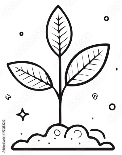 Hand drawn young green plant sprouting from soil doodle illustration