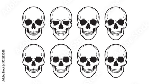 Large collection of minimalist black and white human skull vector illustrations featuring anatomical craniums and stylized designs with heart-shaped eyes.