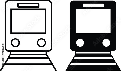 Two train icons, one outlined and one solid, representing public transport.