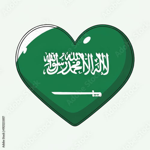 Green heart graphic featuring Saudi flag elements with Arabic script and sword emblem.