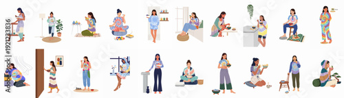Illustrations of women in tie-dye clothing embracing healthy habits, mindful eating, and self-care in various home settings.