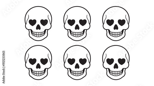 Minimalist black and white human skull vector illustrations featuring six identical craniums with heart-shaped eye sockets for gothic romance and decorative design.