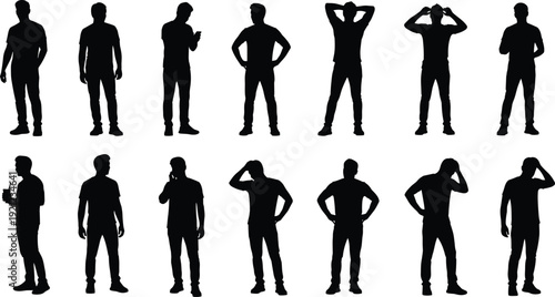 Black silhouettes of men in casual clothing standing in various poses including hands on hips gesturing talking on phone and drinking isolated on white