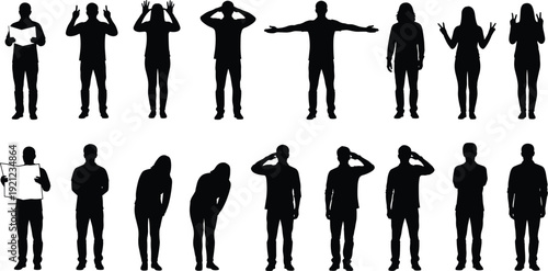 Black silhouettes of people in various poses including reading a map gesturing with arms open and making hand signs isolated on white background for design