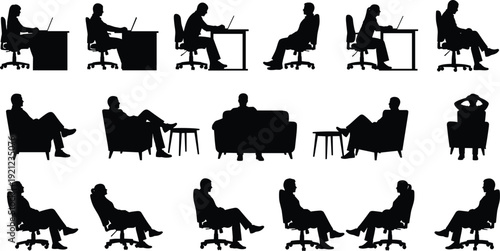 Black silhouettes of people sitting at desks using laptops and resting in armchairs representing office work remote productivity and relaxation isolated on white background