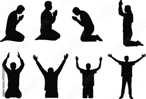 Set of praying and worshiping silhouettes with raised hands isolated on white background, spiritual faith devotion collection illustration