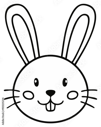 Cute hand-drawn bunny face with big ears and whiskers, isolated on a white background, simple outline illustration.