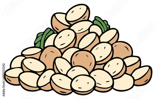 A large pile of sliced raw potato ingredients with herbs cartoon illustration