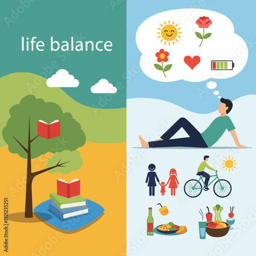 Life Balance Concept with Man Dreaming of Healthy Lifestyle and Books on Tree.