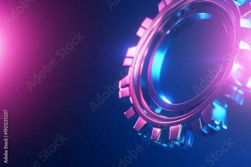 A stylized metallic gear with vibrant lighting effects.