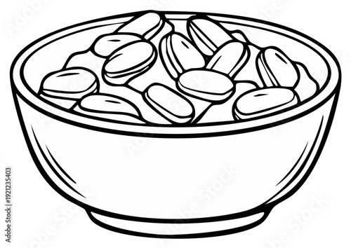 Simple outline drawing of a bowl filled with oval shaped cereal pieces and milk