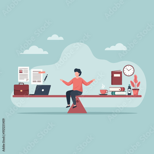 Work-life balance concept with person on a seesaw balancing career and personal life.