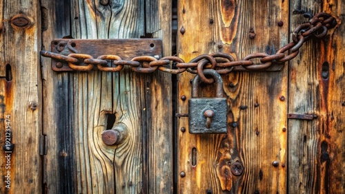 Rustic Weathered Wooden Door Secured with a Heavy Rusty Chain and Padlock