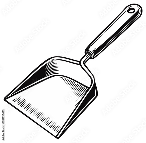 Illustration of a black and white dustpan with a handle for cleaning