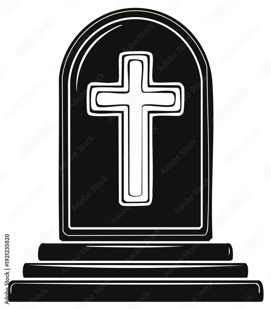 Obraz premium Tombstone Illustration with Cross Symbol on Stone Grave Monument