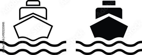 Two minimalist icons depicting a ship or boat sailing on wavy water, one as an outline and the other as a solid black silhouette, representing maritime travel.