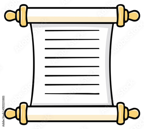 Cartoon scroll with paper and wooden handles, ancient document concept.