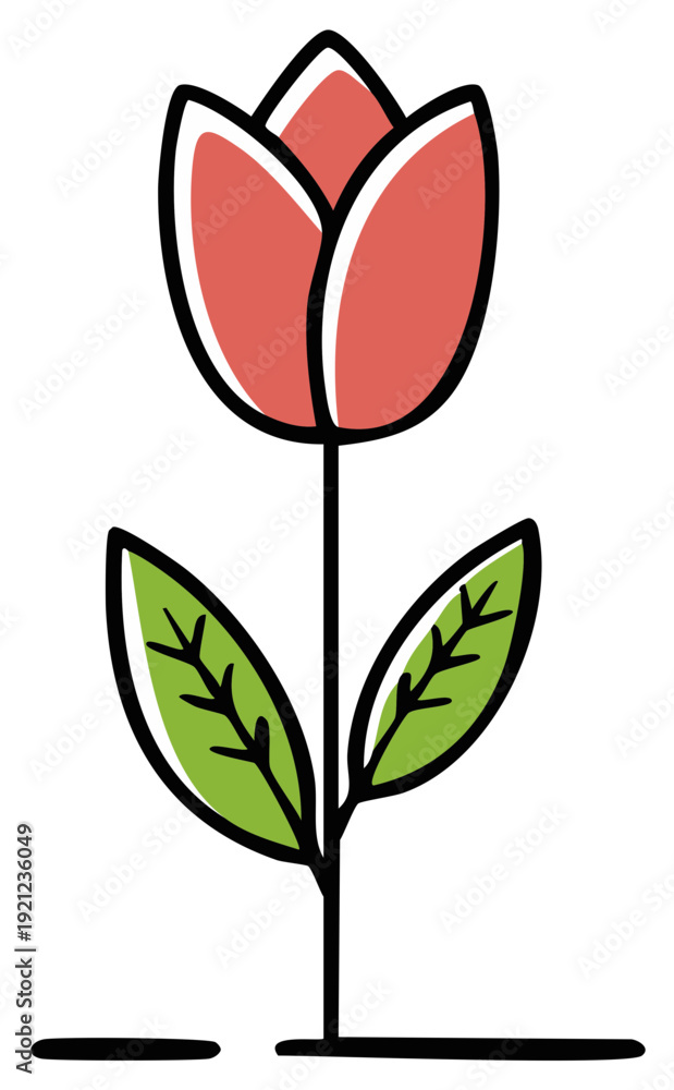 Obraz premium Stylized red tulip flower with green leaves simple isolated vector icon