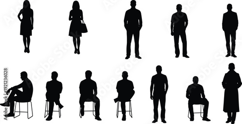Diverse black silhouettes of men and women standing in casual attire and sitting on stools in various poses isolated on white background for design