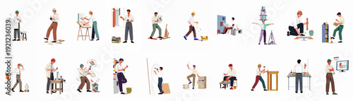 Illustrative collection of diverse architects, engineers, and artists engaged in design, construction, and creative projects, highlighting innovation and problem-solving.