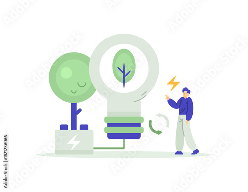 Renewable and environmentally friendly energy concept. Clean, sustainable, alternative energy. Illustration of a man creating and processing eco friendly energy. Elements, decorations, symbols. Flat