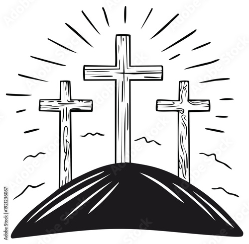 Three wooden crosses on a hill with light rays illustration