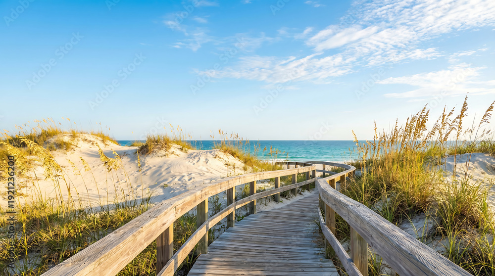 Fototapeta premium A scenic wooden boardwalk gracefully curves through sun-drenched sand dunes towards the sparkling blue ocean under a clear sky.