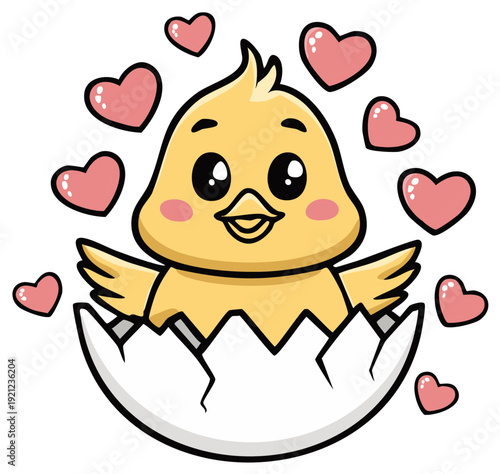 Adorable cartoon chick emerging from egg surrounded by floating hearts celebrating new life and love